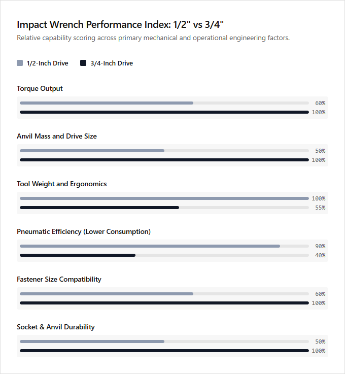 Infographic comparison 1/2-Inch vs 3/4-Inch of Impact Wrench power tool
