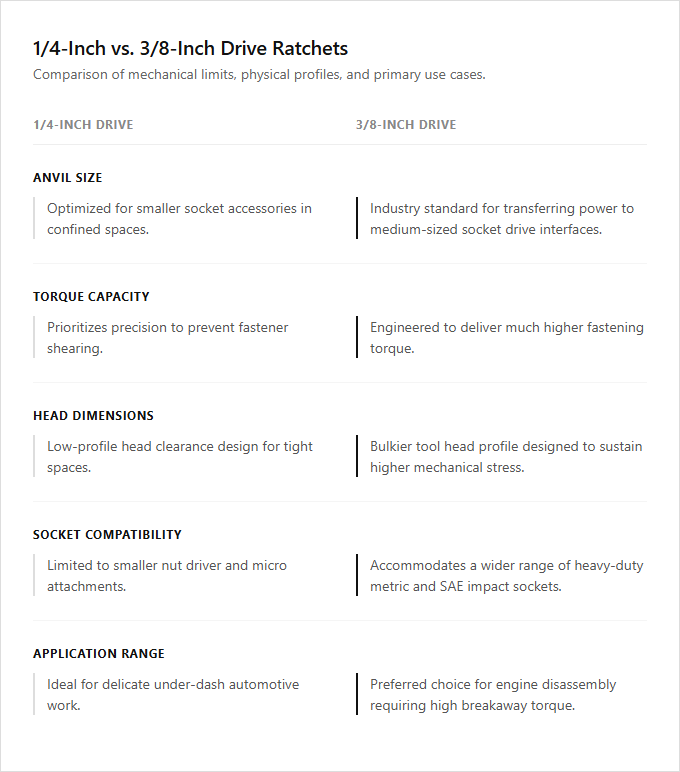 Infographic comparison 1/4-Inch vs 3/8-Inch Drive Ratchet of Ratchet Wrench power tool