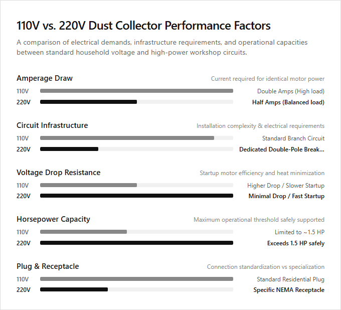 Infographic comparison 110V vs 220V Dust Collector of Dust Collector power tool