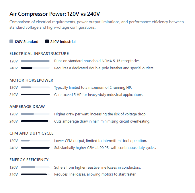 Infographic comparison 120V vs 240V of Air Compressor power tool