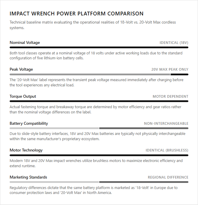 Infographic comparison 18-Volt vs 20-Volt Max of Impact Wrench power tool