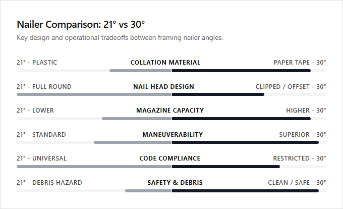 Infographic comparison 21 Degree vs 30 Degree of Nailer power tool