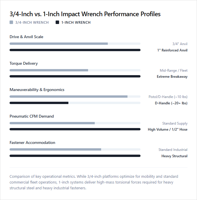 Infographic comparison 3/4-Inch vs 1-Inch of Impact Wrench power tool