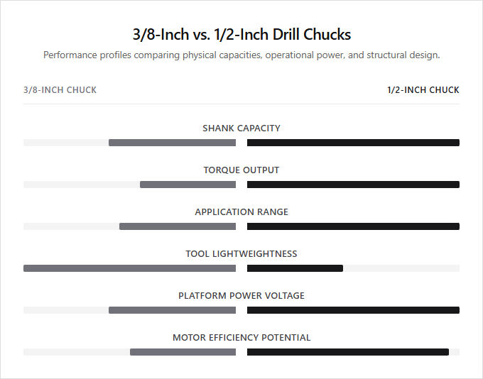Infographic comparison 3/8-Inch Chuck vs 1/2-Inch Chuck of Drill power tool