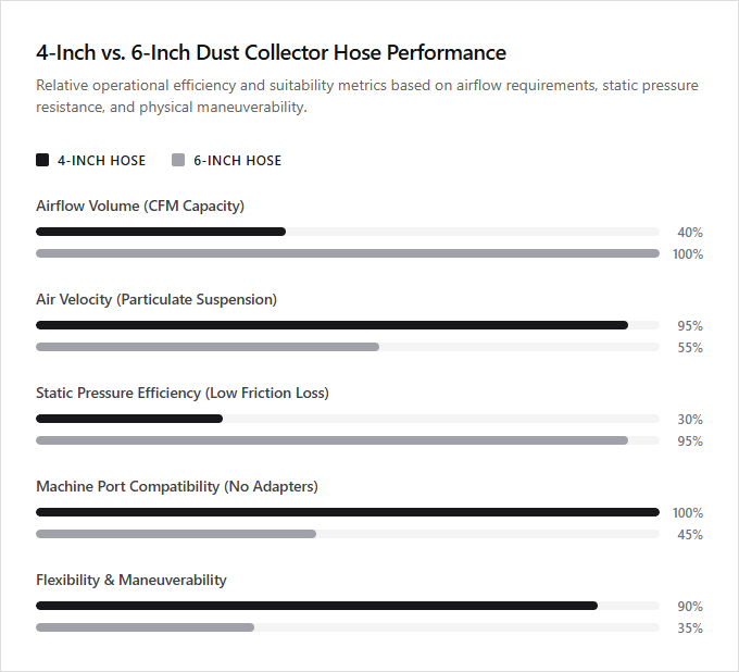Infographic comparison 4-Inch Hose vs 6-Inch Hose of Dust Collector power tool