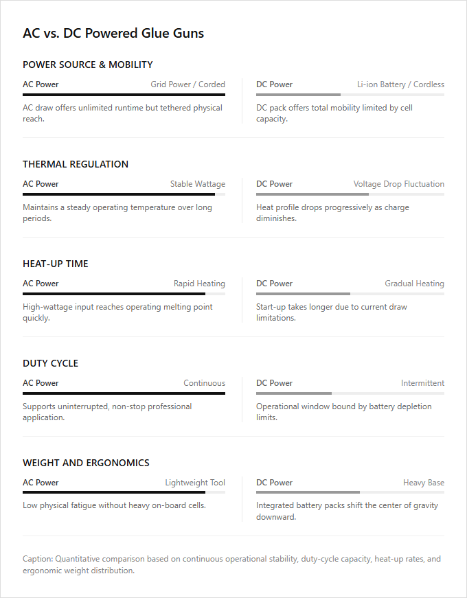 Infographic comparison AC Powered vs DC Powered of Glue Gun power tool