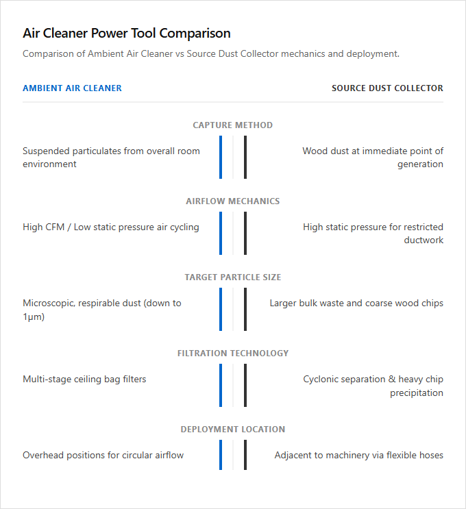 Infographic comparison Ambient Air Cleaner vs Source Dust Collector of Air Cleaner power tool