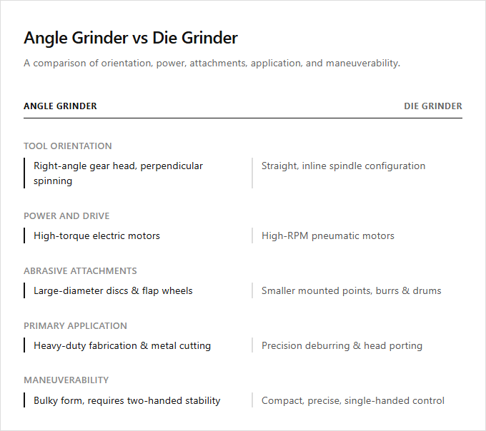 Infographic comparison Angle Grinder vs Die Grinder of Grinder power tool