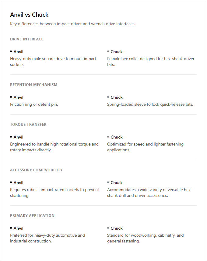 Infographic comparison Anvil vs Chuck of Impact Wrench power tool