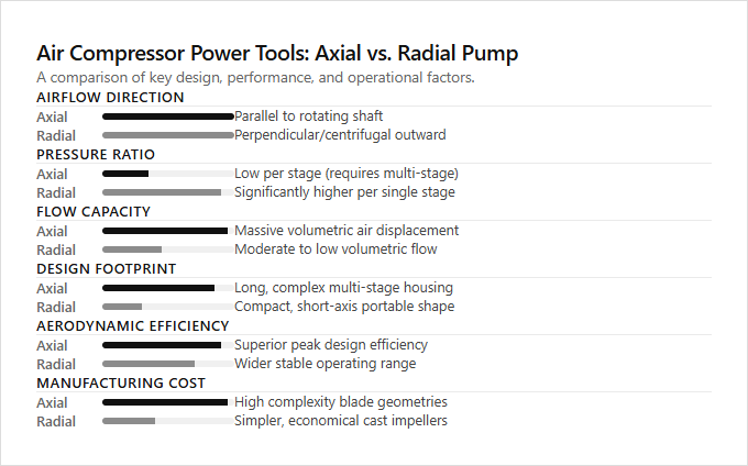 Infographic comparison Axial vs Radial Pump of Air Compressor power tool