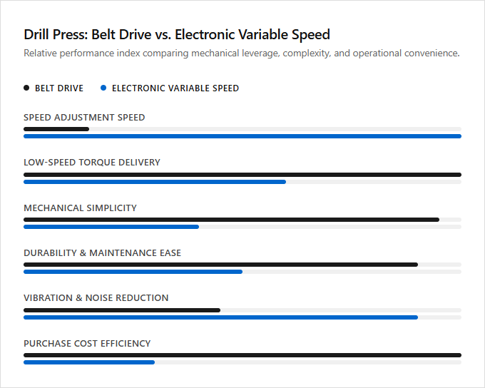 Infographic comparison Belt Drive vs Electronic Variable Speed of Drill Press power tool