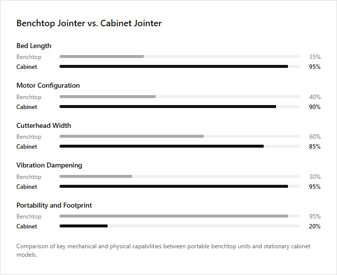 Infographic comparison Benchtop Jointer vs Cabinet Jointer of Jointer power tool