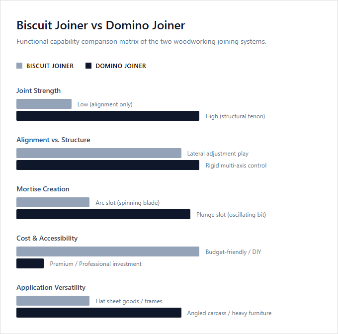 Infographic comparison Biscuit Joiner vs Domino Joiner of Biscuit Joiner power tool