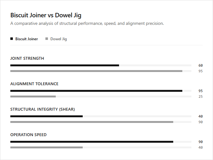 Infographic comparison Biscuit Joiner vs Dowel Jig of Biscuit Joiner power tool