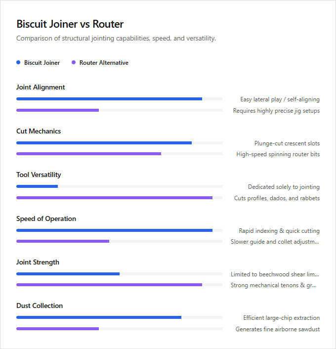 Infographic comparison Biscuit Joiner vs Router Alterative of Biscuit Joiner power tool