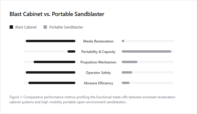 Infographic comparison Blast Cabinet vs Portable Sandblaster of Sand Blaster power tool