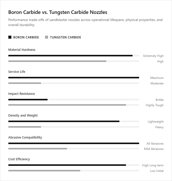 Infographic comparison Boron Carbide Nozzles vs Tungsten Carbide Nozzles of Sand Blaster power tool