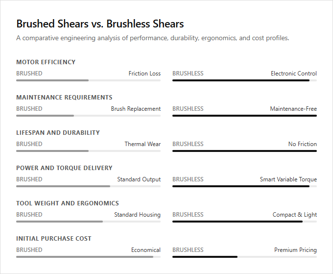 Infographic comparison Brushed Shears vs Brushless Shears of Shear power tool