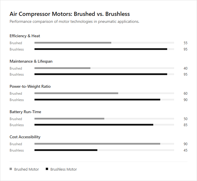 Infographic comparison Brushed vs Brushless Motor of Air Compressor power tool