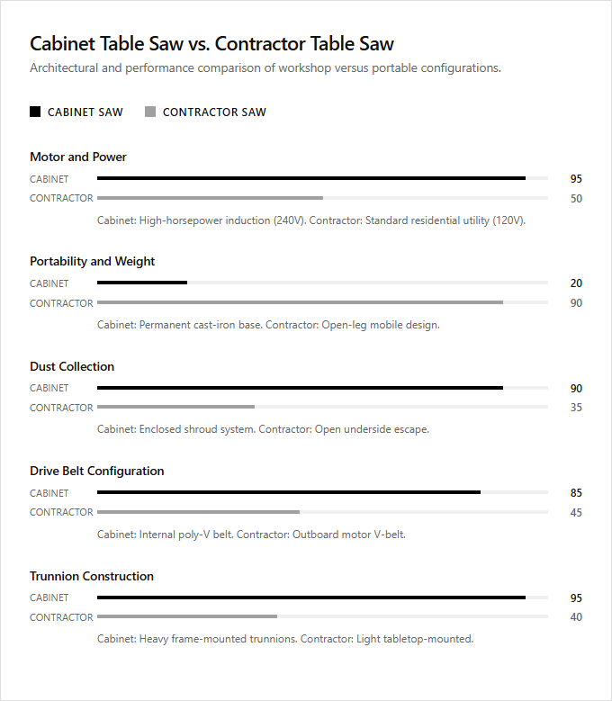 Infographic comparison Cabinet Table Saw vs Contractor Table Saw of Saw power tool