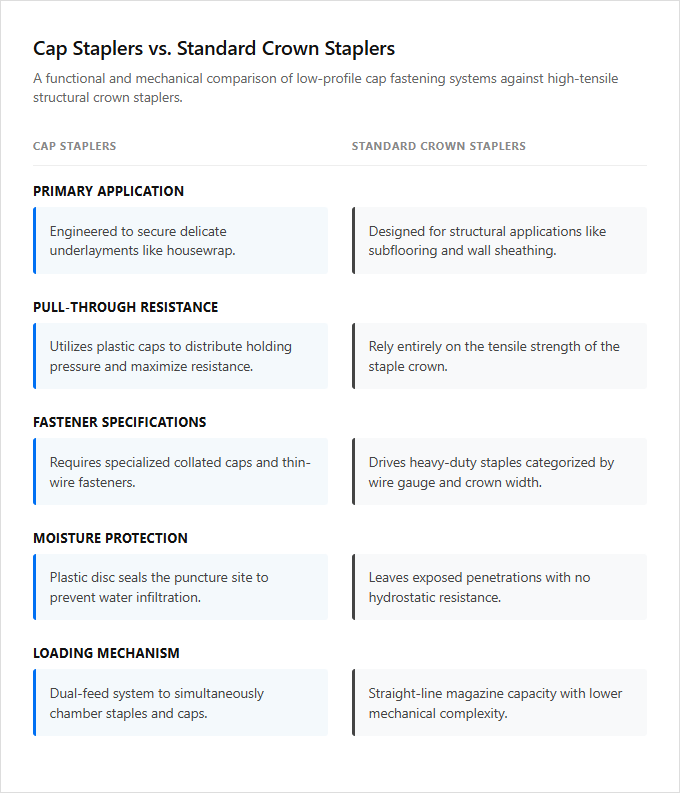 Infographic comparison Cap Staplers vs Standard Crown Staplers of Stapler power tool