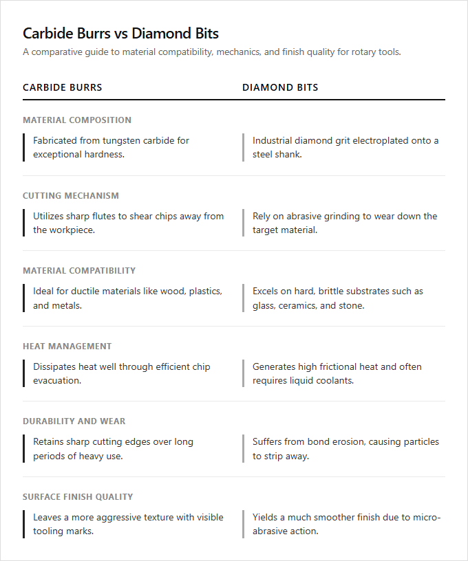Infographic comparison Carbide Burrs vs Diamond Bits of Rotary Tool power tool