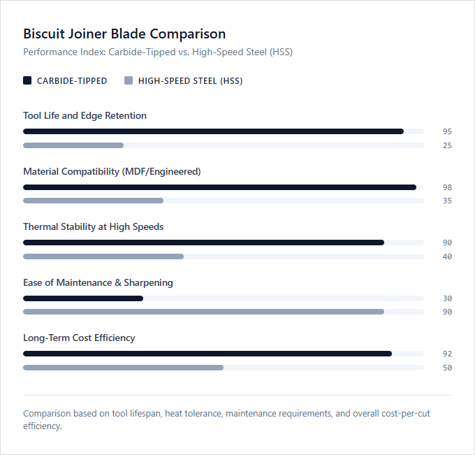 Infographic comparison Carbide-Tipped Blade vs High-Speed Steel Blade of Biscuit Joiner power tool