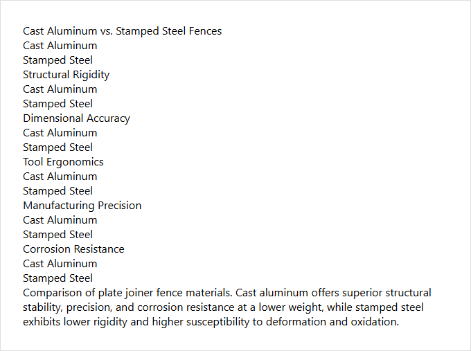 Infographic comparison Cast Aluminum Fence vs Stamped Steel Fence of Plate Joiner power tool