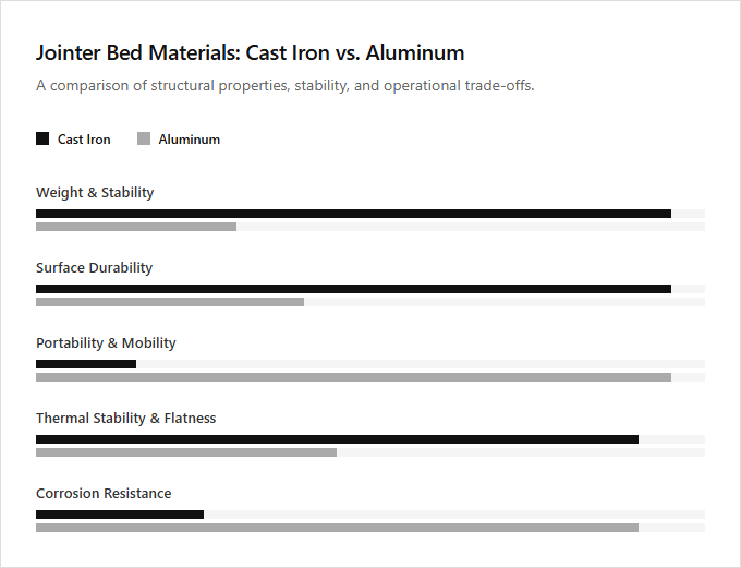 Infographic comparison Cast Iron Bed vs Aluminum Bed of Jointer power tool