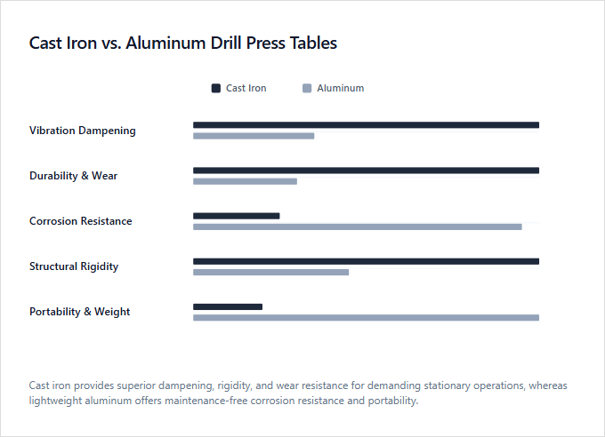 Infographic comparison Cast Iron Table vs Aluminum Table of Drill Press power tool