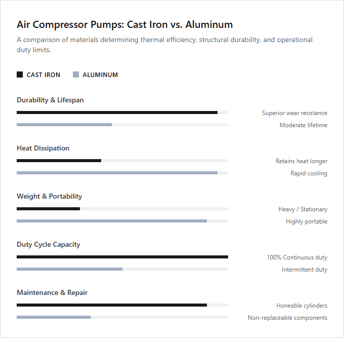 Infographic comparison Cast Iron vs Aluminum Pump of Air Compressor power tool