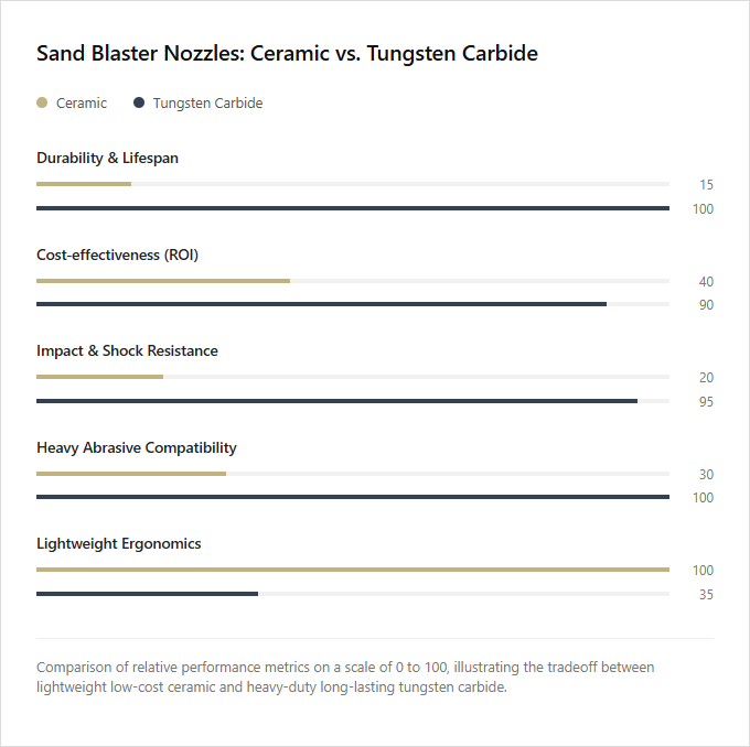 Infographic comparison Ceramic Nozzles vs Tungsten Carbide Nozzles of Sand Blaster power tool