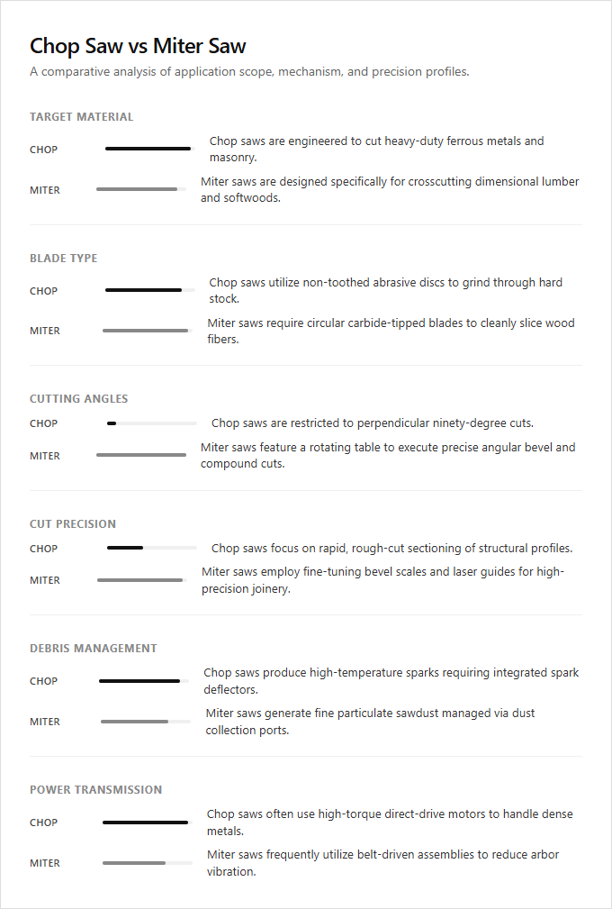 Infographic comparison Chop Saw vs Miter Saw of Saw power tool