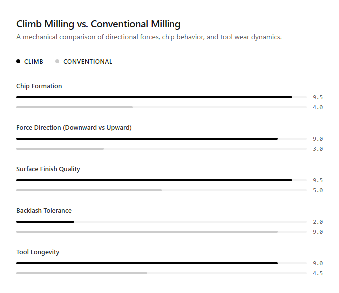 Infographic comparison Climb Milling vs Conventional Milling of Milling Machine power tool