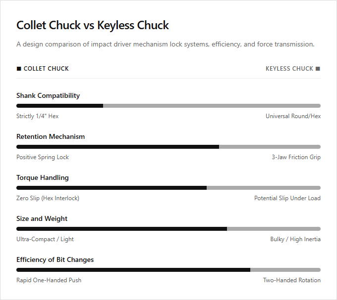 Infographic comparison Collet Chuck vs Keyless Chuck of Impact Driver power tool