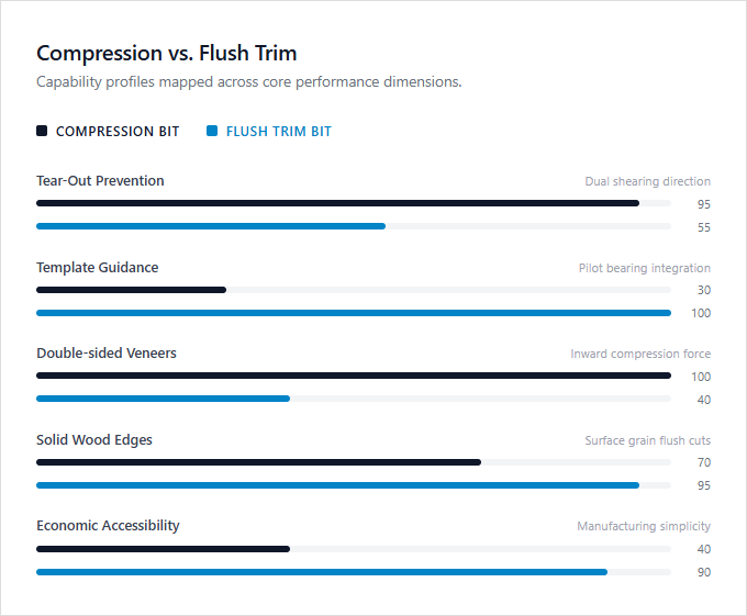 Infographic comparison Compression Bit vs Flush Trim Bit of Router power tool