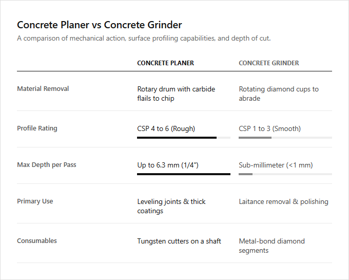 Infographic comparison Concrete Planer vs Concrete Grinder of Concrete Tool power tool