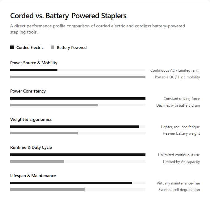 Infographic comparison Corded Electric vs Battery Powered Staplers of Stapler power tool