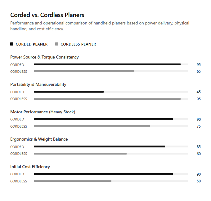 Infographic comparison Corded Planer vs Cordless Planer of Planer power tool