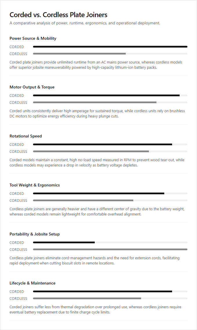 Infographic comparison Corded Plate Joiner vs Cordless Plate Joiner of Plate Joiner power tool