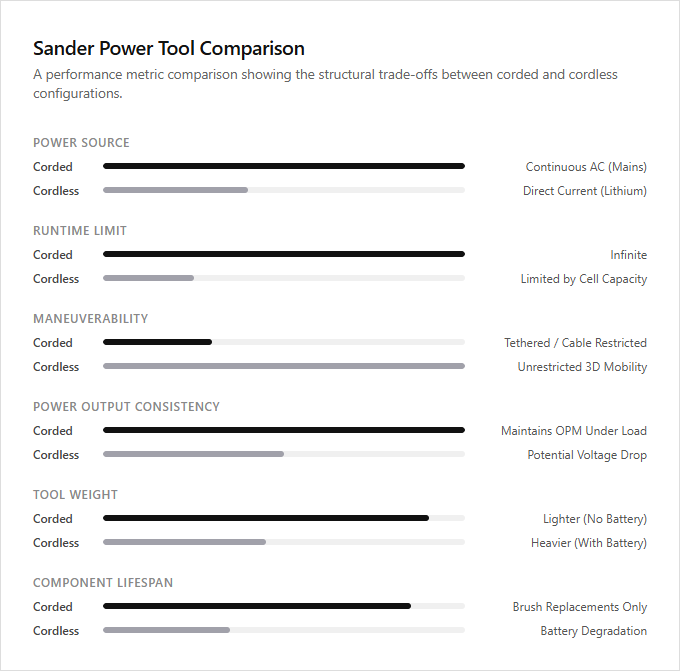 Infographic comparison Corded Sander vs Cordless Sander of Sander power tool