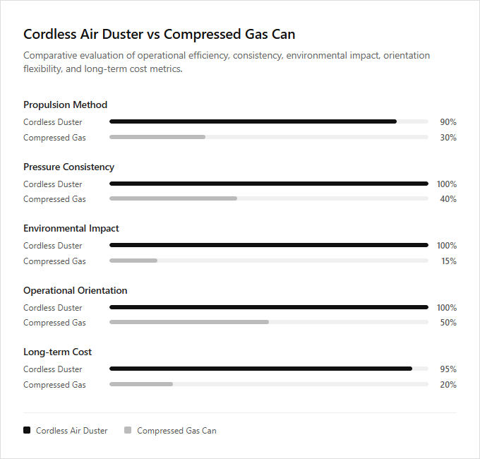 Infographic comparison Cordless Air Duster vs Compressed Gas Can of Air Cleaner power tool
