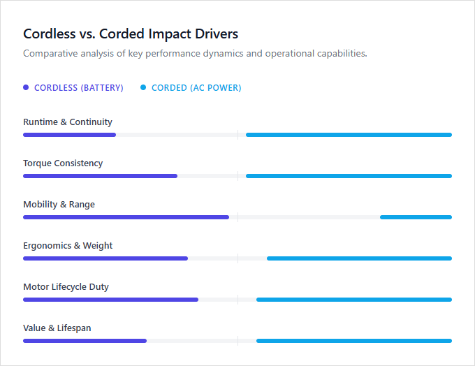 Infographic comparison Cordless vs Corded Impact Driver of Impact Driver power tool
