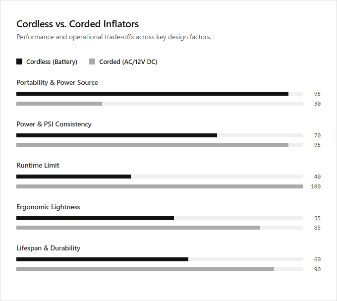 Infographic comparison Cordless vs Corded of Inflator power tool