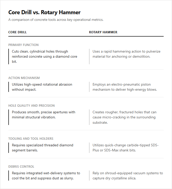 Infographic comparison Core Drill vs Rotary Hammer of Concrete Tool power tool