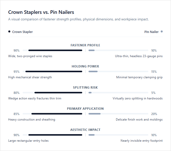 Infographic comparison Crown Staplers vs Pin Nailers of Stapler power tool
