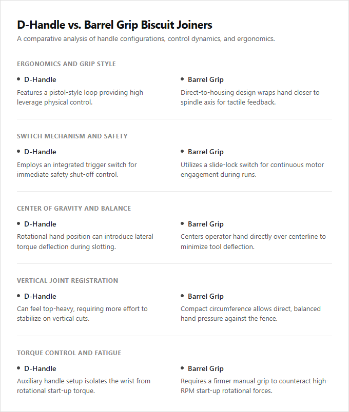 Infographic comparison D-Handle vs Barrel Grip Biscuit Joiner of Biscuit Joiner power tool