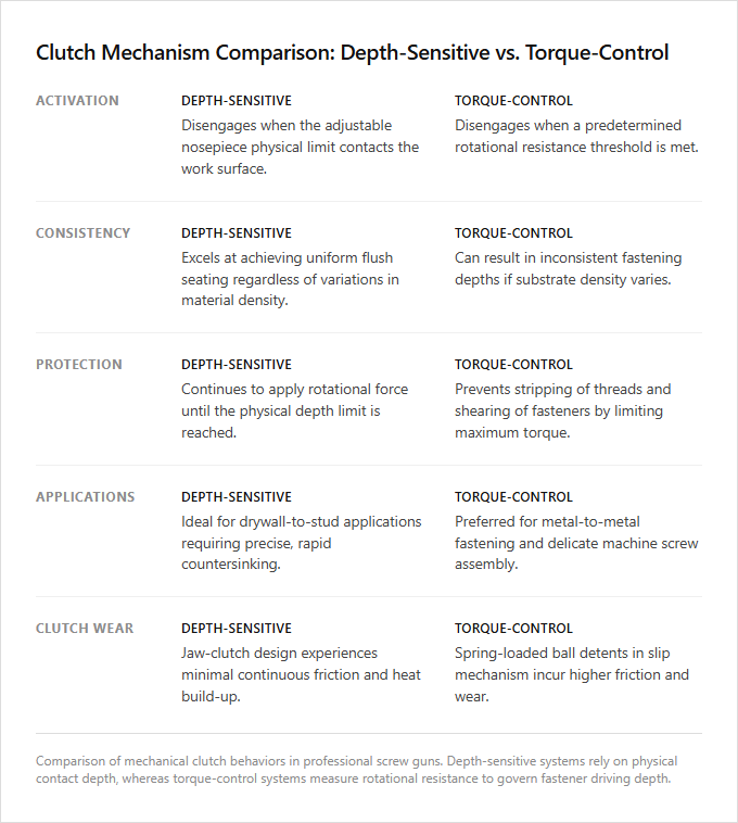 Infographic comparison Depth-Sensitive Clutch vs Torque-Control Clutch of Screw Gun power tool