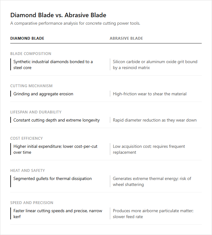 Infographic comparison Diamond Blade vs Abrasive Blade of Concrete Tool power tool