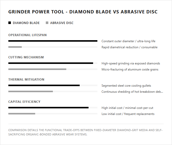 Infographic comparison Diamond Blade vs Abrasive Disc of Grinder power tool